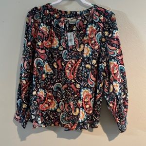 NWT Loft Petite Blouse Tie Neck Paisley Floral Heart Glitter Long Sleeve